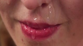 Nasty sex kitten gets jizz shot on her face eating all