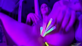 Sammie - Sam Big Boobed Model Gaping Her Pussy Wide Open To Her Cervix With Glowsticks In The Dark