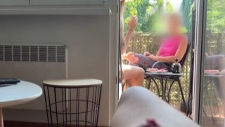 Anastasia Ocean - My husband is jerking off and cum in front of my a while we talk on balcony