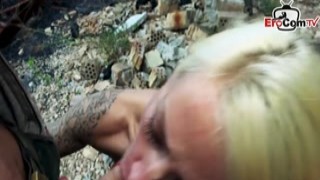 Buxom blond sweetheart with lovely tattoo gets fucked in sideways style difficult