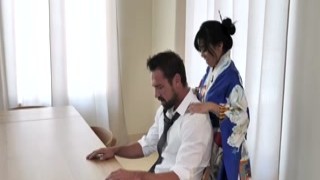 Tiny geisha Ember Snow spreads her Asian cunt