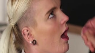 Nasty peach gets cum load on her face eating all the cr