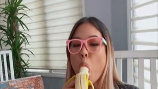 Petite Asian sucks banana and big dick